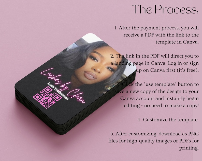 May include: A stack of black business cards with a pink and white QR code, the text "Lashes by Clara" and the words "Lash Technician". The image also shows a woman's face with makeup.