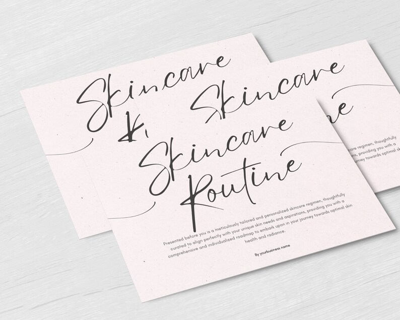 May include: A white card with black text that reads "Skincare Routine". The text is written in a handwritten style. The card is on a light wood surface.
