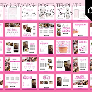 Puede incluir: Una plantilla de publicación de Instagram rosa y blanca para una panadería. La plantilla incluye imágenes de pasteles, tartas y otros productos horneados, así como texto que dice "Treats", "Booking", "Menu" y "Special".