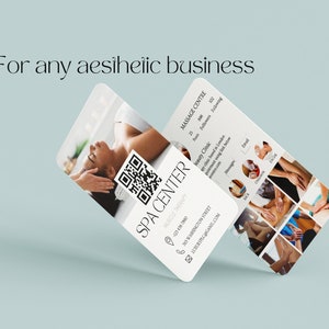 May include: White business card with black text for a spa center. The card includes the business name, address, phone number, email address, and a QR code. The back of the card features a collage of images of people receiving massages.
