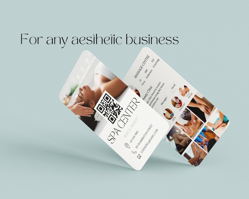 May include: White business card with black text for a spa center. The card includes the business name, address, phone number, email address, and a QR code. The back of the card features a collage of images of people receiving massages.