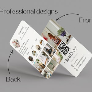 May include: A white business card with the text "Clara Decor" and "Interior Decorator" in black text. The card also includes a QR code, a phone number, an email address, and a street address. The back of the card features a collage of interior design photos.