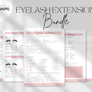 May include: Four pink and white printable forms for eyelash extensions. The forms include a consultation form, a treatment record, and a client intake form. The forms are designed to help eyelash extension technicians gather information from their clients.