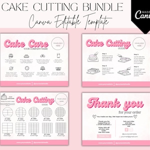 Op de afbeelding: Een roze en witte Canva-sjabloonbundel voor het snijden en verzorgen van taarten. De bundel bevat gidsen voor het snijden van taarten, instructies voor taartverzorging en een bedankkaartsjabloon. De tekst bevat "Cake Care", "Cake Cutting Guide" en "Thank you for your order".