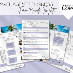 Könnte beinhalten: Vier druckbare Formulare für Reisebüros, darunter ein Reiseangebot, ein Reisevorschlag, ein Reiseanfrageformular und eine Kostenaufstellung. Die Formulare sind in einem hellvioletten und weißen Farbschema mit einem tropischen Strandhintergrund gestaltet.