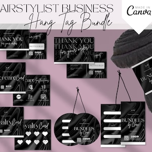 Peut inclure: Un ensemble d'étiquettes à suspendre noires et blanches avec un motif marbré. Les étiquettes comportent le texte "Bundles by Chloe" et "Loyalty Card". Les étiquettes sont conçues pour une entreprise de coiffeur.