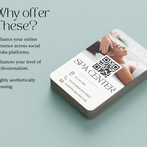 May include: A white business card with the text "SPA CENTER" in black, a QR code, and a phone number. The card also includes the text "MUSCLE THERAPY" and a location address. The background image shows a person receiving a massage.