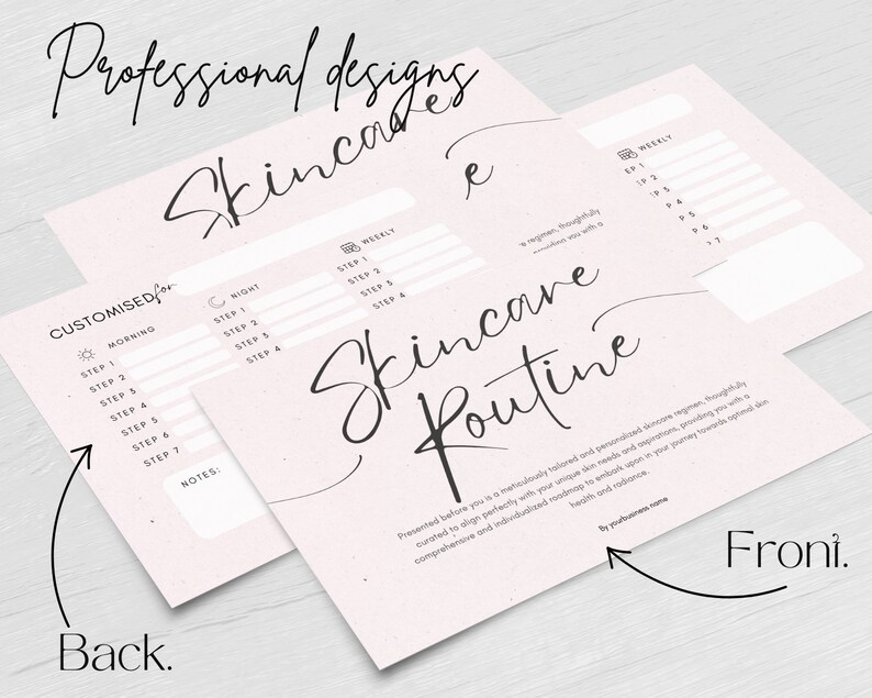 May include: A printable skincare routine planner with a pink background. The front side has the text "Skincare Routine" in cursive script. The back side has a checklist for morning and night skincare routines.