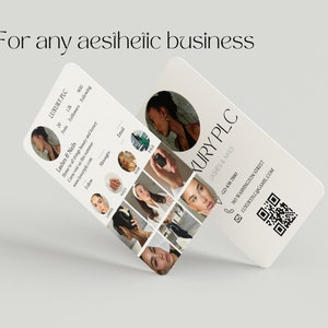 Op de afbeelding: Een witte visitekaartje met de tekst "LUXURY PLC" en de woorden "Lashes & Nails" in zwarte tekst. De kaart bevat ook een telefoonnummer, een adres, een e-mailadres en een QR-code.