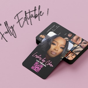 May include: Black business card with white text that reads "Lashes by Clara, Lash Technician". A QR code is in the bottom left corner. The card features a photo of a woman with long eyelashes.