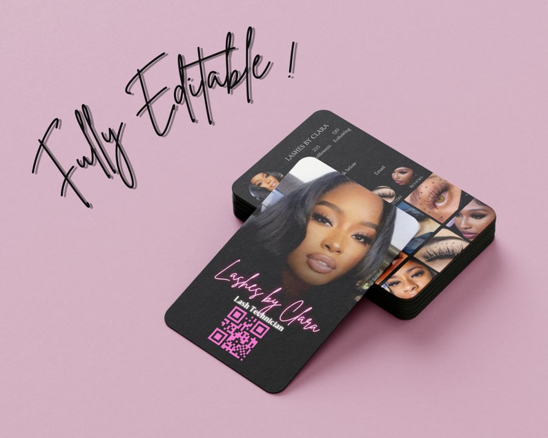 May include: Black business card with white text that reads "Lashes by Clara, Lash Technician". A QR code is in the bottom left corner. The card features a photo of a woman with long eyelashes.