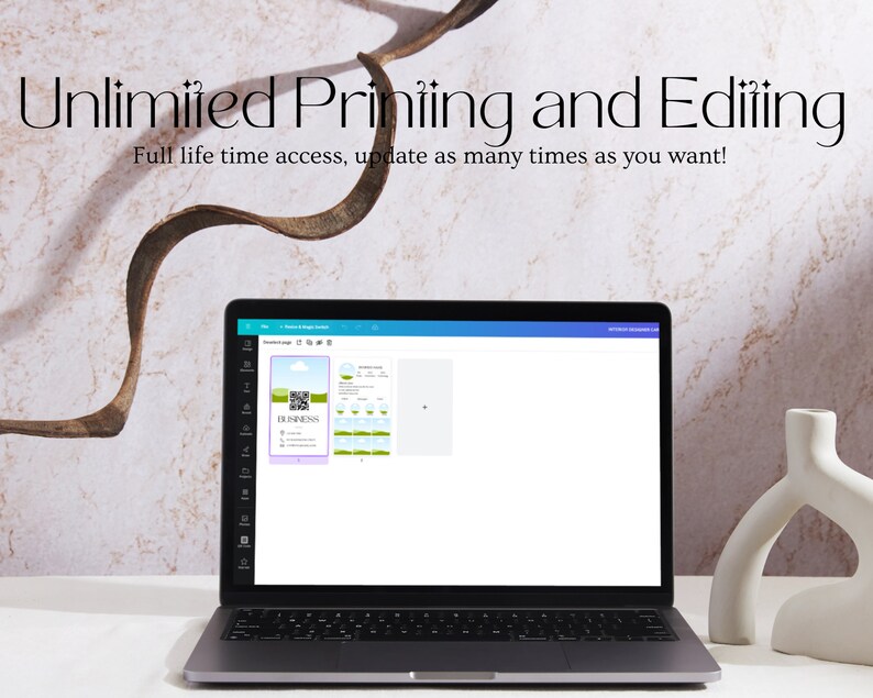 May include: A laptop computer displaying a web page with a blue header and a white background. The page shows a design template for a business card with a QR code, text, and a green graphic. The text on the page reads "Unlimited Printing and Editing. Full life time access, update as many times as you want!" and "BLENESS".