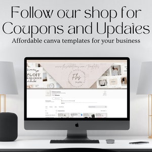 May include: A computer screen displaying a website with a pink and white banner that says "Follow our shop for Coupons and Updates. Affordable canva templates for your business." The website is www.fhsgreating.com/templates and features a logo with the text "Fhs Templates".