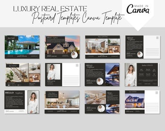 Cartes postales de Immobilier de luxe | Modèles pour agents immobiliers Canva | Cartes postales noires et blanches d'agent immobilier | Dépliant marketing immobilier