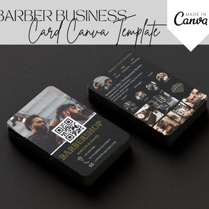 2025 Instagram Barbershop Visitenkartenvorlage, bearbeitbares Schwarz Gold Barber Business Canva Card Design, digitaler QR-Code DIY-Calling Card