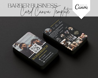 Modèle de carte de visite pour salon de coiffure Instagram 2025, conception de carte de visite en toile de barbier or noir modifiable, carte de visite bricolage numérique QR Code