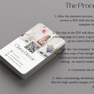 May include: A stack of white business cards with rounded corners. The top card features a QR code, a woman's face, and the text "Clara Decor Interior Decorator". The text "The Process" is written in black above the business cards.