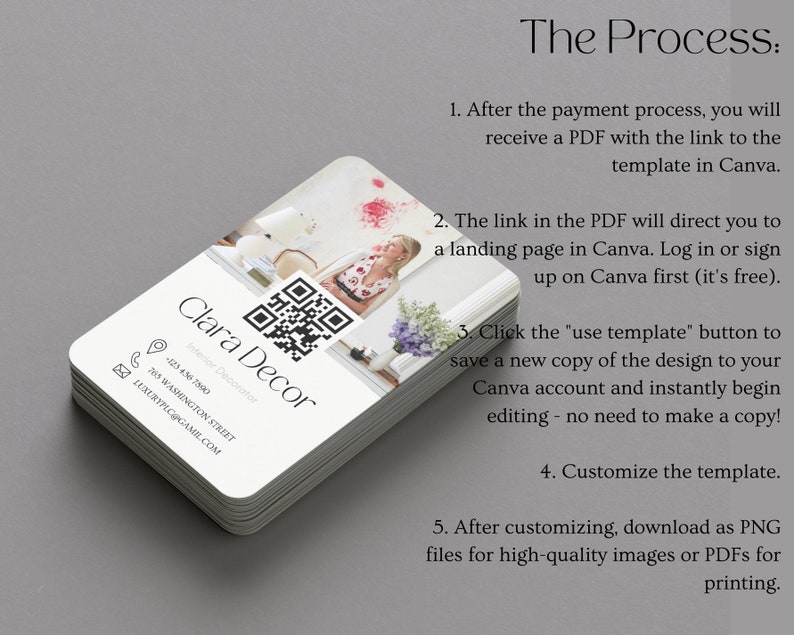 May include: A stack of white business cards with rounded corners. The top card features a QR code, a woman's face, and the text "Clara Decor Interior Decorator". The text "The Process" is written in black above the business cards.