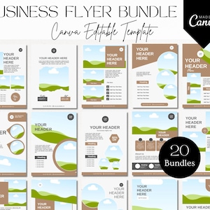 Puede incluir: Un conjunto de 20 plantillas de folletos comerciales. Los folletos tienen un diseño limpio con espacio para imágenes, encabezados y texto. La combinación de colores incluye tonos de marrón, verde y blanco. El texto "Business Flyer Bundle" está en la parte superior.