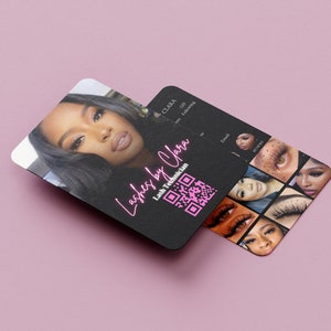 May include: Black and white business card with pink text that reads "Lashes by Clara" and a QR code. The card also includes a photo of a woman with long eyelashes and a collage of close-up photos of different eyelashes.