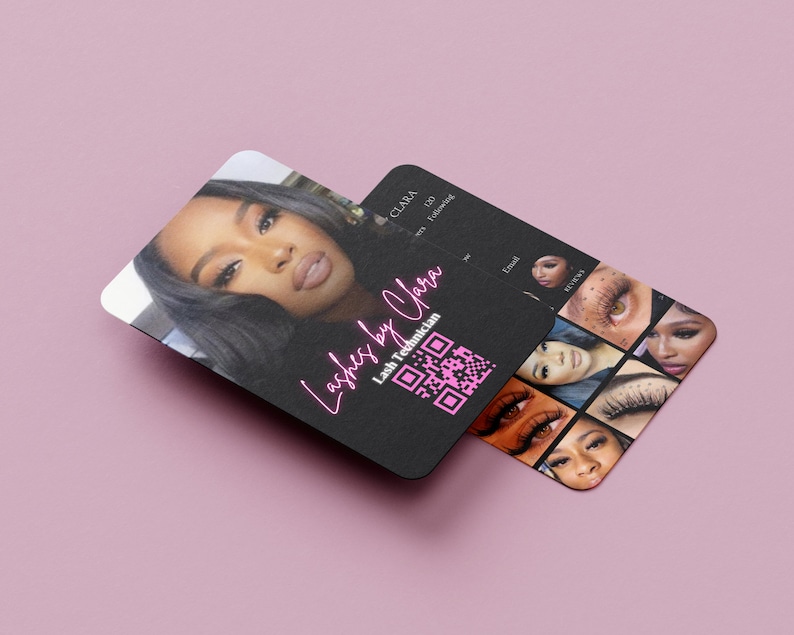 May include: Black and white business card with pink text that reads "Lashes by Clara" and a QR code. The card also includes a photo of a woman with long eyelashes and a collage of close-up photos of different eyelashes.