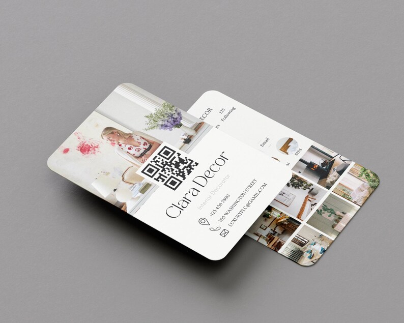 May include: A business card for Clara Decor, an interior decorator. The card features a QR code, contact information, and a collage of images showcasing interior design projects.