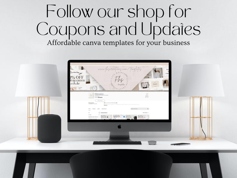 May include: A computer screen displaying a website with the text "Follow our shop for Coupons and Updates" and "Affordable canva templates for your business". The website also features a pink and white design with the text "Fhs Templates".
