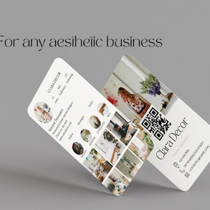 May include: A white business card with a collage of interior design photos and the text "Clara Decor Interior Decorator" on the front. The back of the card has the business name, contact information, and a QR code.