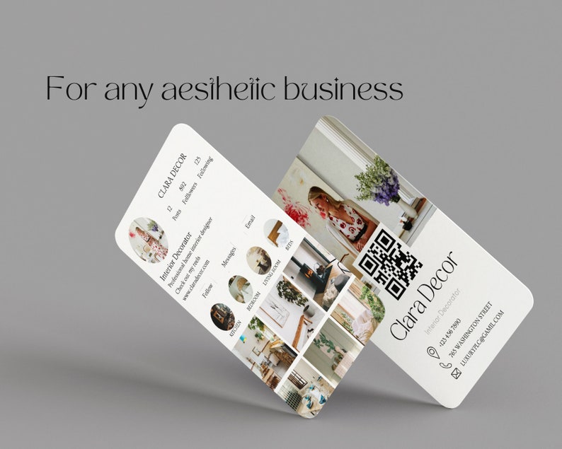 May include: A white business card with a collage of interior design photos and the text "Clara Decor Interior Decorator" on the front. The back of the card has the business name, contact information, and a QR code.