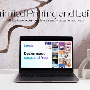 May include: A laptop computer displaying the Canva website with the text "Design made easy, and free". The laptop is on a white surface with a white ceramic vase.