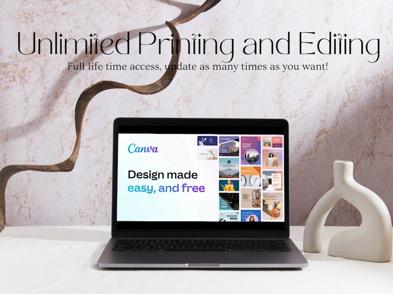 May include: A laptop computer displaying the Canva website with the text "Design made easy, and free". The laptop is on a white surface with a white ceramic vase.