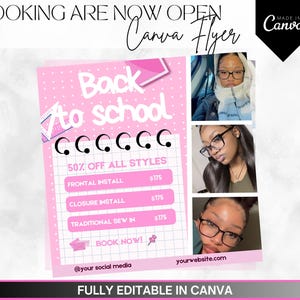 Back to School Hair Special Flyer, Back 2 School Sale Book Now Appointments for Wigs Braids Locs Hair Instagram marketing Canva Template