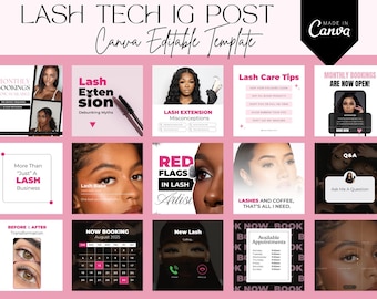 Mallar för Instagram-inlägg för Lash Tech, inlägg om ögonfransförlängning, inlägg om skönhetsexperter, sociala medier för Lash Tech, varumärkeskit för Lash Tech