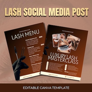 Puede incluir: Dos folletos marrones y blancos con el texto "LASH SOCIAL MEDIA POST" y "LASH MENU" en letras doradas. Un folleto muestra una mano sosteniendo herramientas para pestañas. El otro folleto muestra imágenes de extensiones de pestañas. El texto inferior dice "EDITABLE CANVA TEMPLATE."