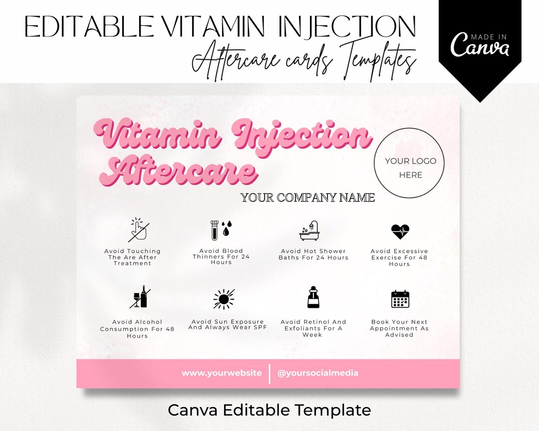 Printable Injection Guide Vitamin Injection Aftercare Card Template, Editable B12 C D3 Shot Care ...