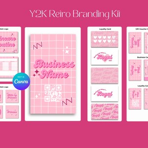 May include: A pink and white branding kit with a Y2K aesthetic. The kit includes a logo, business card, loyalty card, and gift voucher card. The logo features the text "Skincare Routine" in pink and white letters. The business card features the text "Business Name" in pink and white letters. The loyalty card features the text "Royal" in pink and white letters. The gift voucher card features the text "Gift Voucher" in pink and white letters.