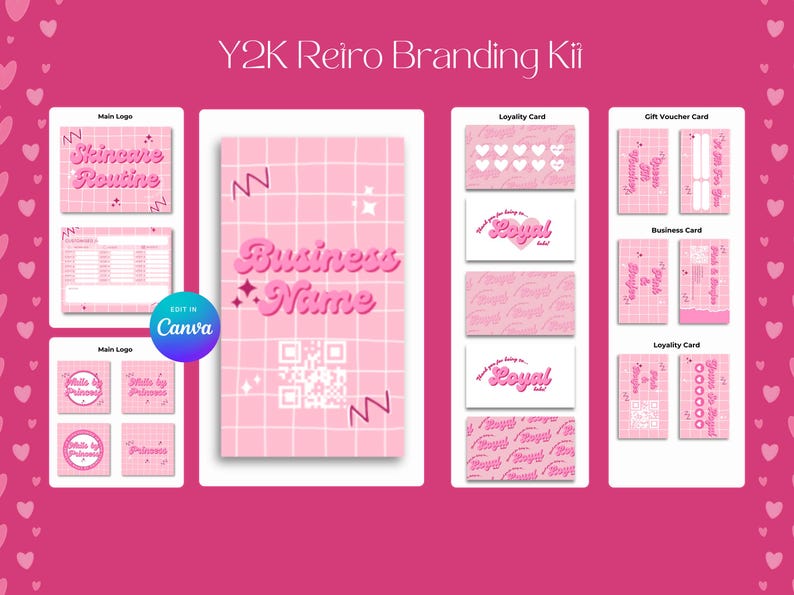 May include: A pink and white branding kit with a Y2K aesthetic. The kit includes a logo, business card, loyalty card, and gift voucher card. The logo features the text "Skincare Routine" in pink and white letters. The business card features the text "Business Name" in pink and white letters. The loyalty card features the text "Royal" in pink and white letters. The gift voucher card features the text "Gift Voucher" in pink and white letters.