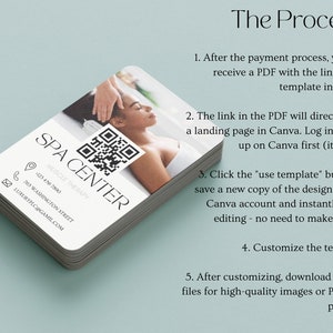 May include: A white business card with the text "SPA CENTER" in black, along with contact information and a QR code. The background image shows a person receiving a massage.