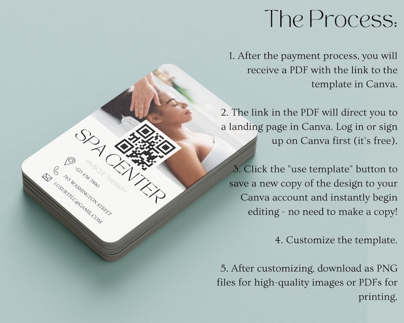 May include: A white business card with the text "SPA CENTER" in black, along with contact information and a QR code. The background image shows a person receiving a massage.