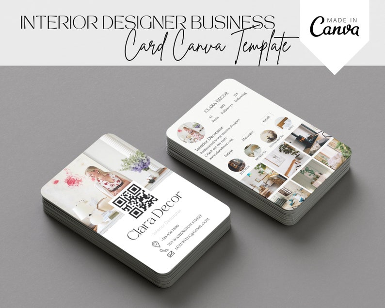 May include: A business card for an interior designer named Clara Decor. The card features a photo of the designer, a QR code, and a collage of interior design photos. The card also includes the designer's contact information, including their phone number, email address, and website.