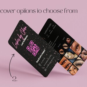 May include: Two business card designs for a lash technician. The first card has a black background with gold glitter and a QR code. The second card has a white background with a photo collage of different lash styles. Both cards have the text "Lashes by Clara" and contact information.