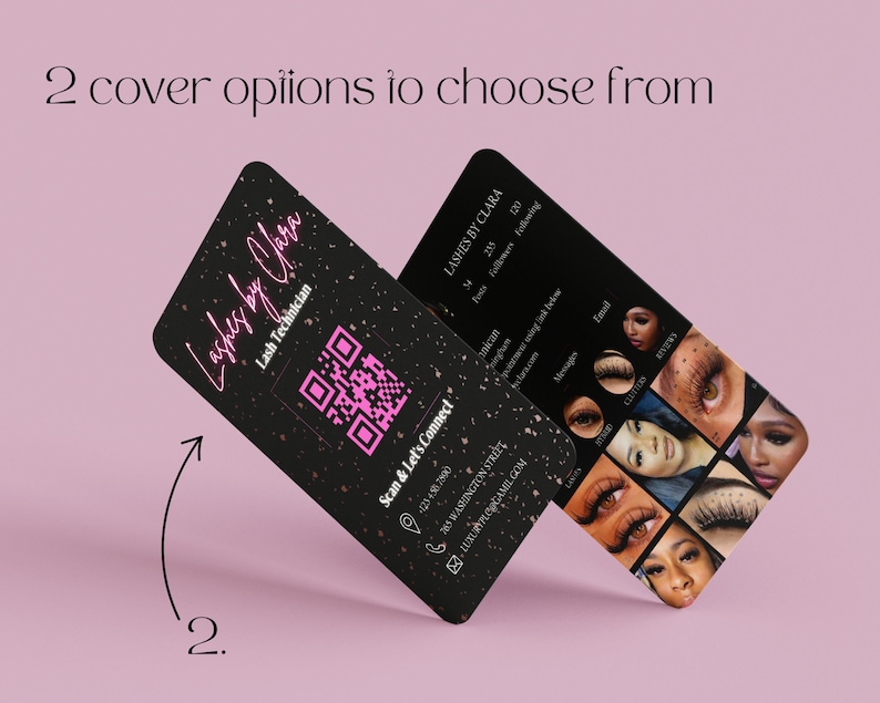 May include: Two business card designs for a lash technician. The first card has a black background with gold glitter and a QR code. The second card has a white background with a photo collage of different lash styles. Both cards have the text "Lashes by Clara" and contact information.