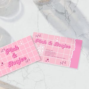 May include: Pink and Boyjee business card with a pink and white grid pattern, a QR code, and contact information. The text "Pink & Boyjee" is in a pink, retro font.
