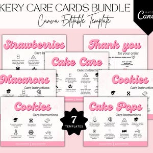Bakery Care Cards Bundle, Editable Cake Care Card, Printable Cookie Care Guide, Cookies, Cupcake & Macaron Care Template for Small Business