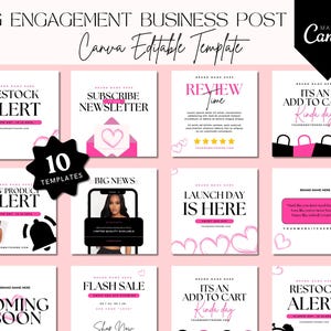 Può includere: Dieci modelli di post Instagram rosa e bianchi per le aziende. I modelli presentano testo come "Avviso di riassortimento", "Iscriviti alla newsletter", "Ora della recensione", "È un giorno per aggiungere al carrello", "Avviso di nuovo prodotto", "Grandi novità", "Il giorno del lancio è qui", "Prossimamente", "Svendita lampo" e "Avviso di riassortimento".