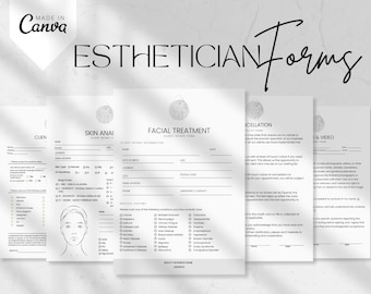 May include: Four printable forms for estheticians, including a client intake form, a skin analysis form, a facial treatment form, and a cancellation policy form. The forms are designed with a minimalist aesthetic and feature a gray background with black text.