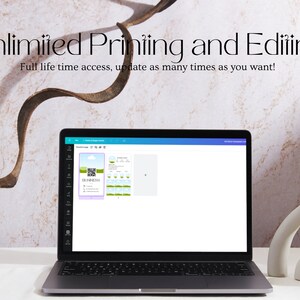 May include: A laptop computer displaying a web page with a blue header and a white background. The page shows a design template for a business card with a QR code, text, and a green graphic. The text on the page reads "Unlimited Printing and Editing. Full life time access, update as many times as you want!" and "BLENESS".