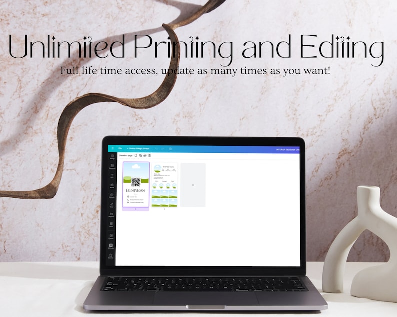 May include: A laptop computer displaying a web page with a blue header and a white background. The page shows a design template for a business card with a QR code, text, and a green graphic. The text on the page reads "Unlimited Printing and Editing. Full life time access, update as many times as you want!" and "BLENESS".