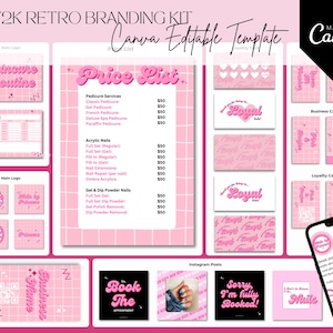 May include: A pink and black Y2K retro branding kit for a nail salon. The kit includes a price list, business card, loyalty card, Instagram posts, and a main logo. The text on the price list includes services such as pedicures, acrylic nails, and gel and dip powder nails. The business card and loyalty card feature the text "Royal Nails". The Instagram posts include images of nails and the text "Book The Appointment", "Sorry I'm fully booked!" and "Nails".