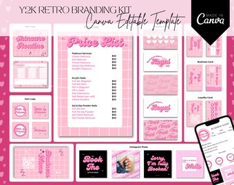 Beauty Branding Kit Canva, Pink Retro Branding Kit, DIY Logo Set, Price List, Business Card, Voucher, Instagram Post Flyer, Lash, Nail, Hair